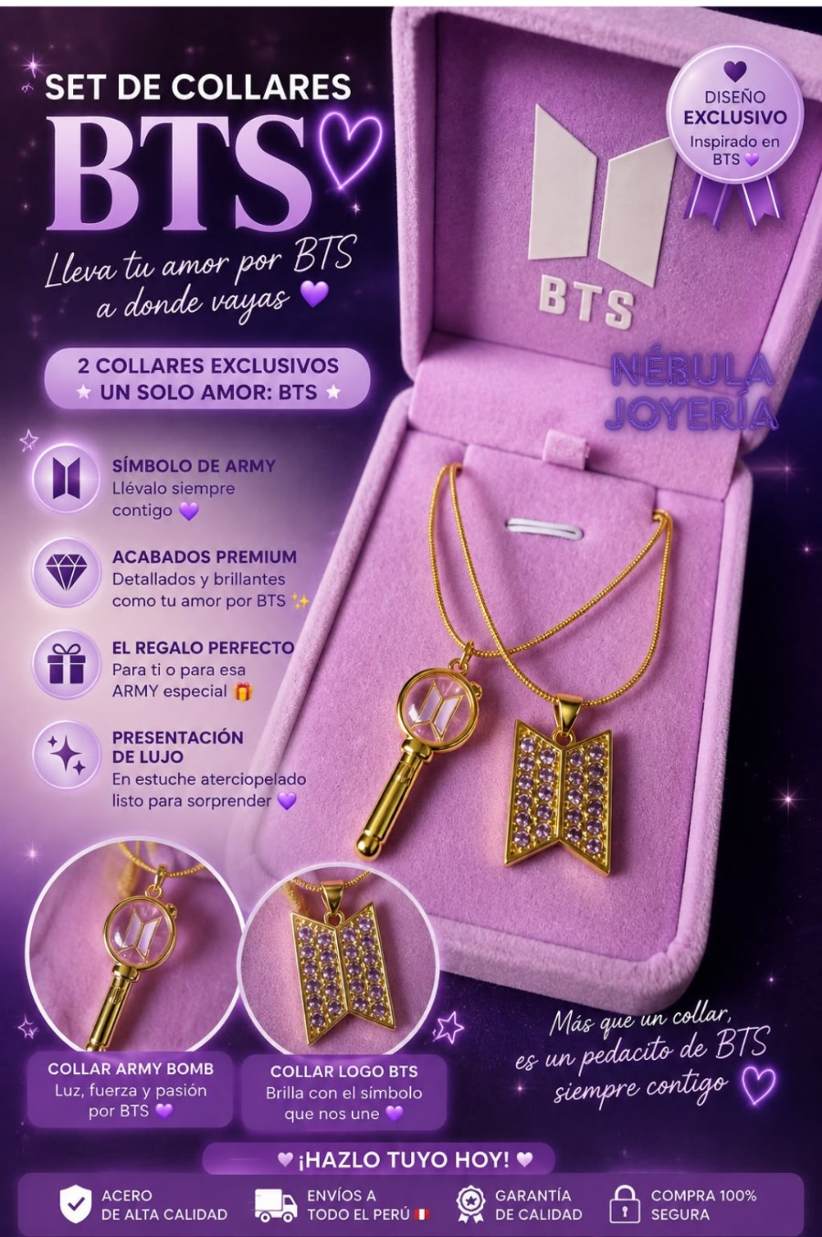 Coleccion BTS - Collar Army bomb v4 + Dije bts dorado con piedras púrpura 💜✨